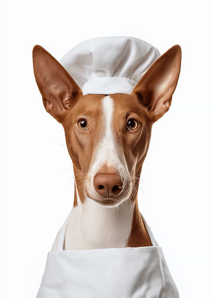 Ibizan Hound Dog Wearing Chef Hat and Apron