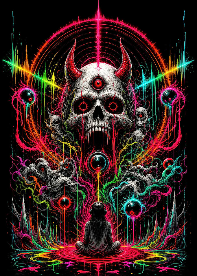 Neon Demon Skull Meditation Art