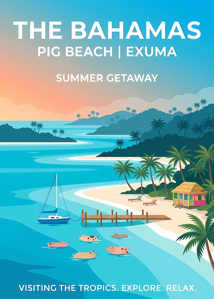 The Bahamas Pig Beach Travel Poster
