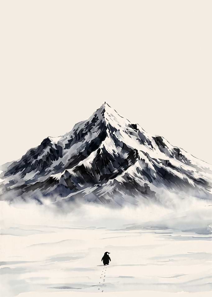 Lone Penguin Walking Toward Snowy Mountain