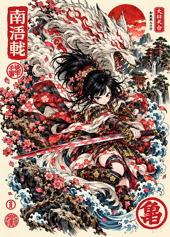 Samurai Girl with Spirit Wolf