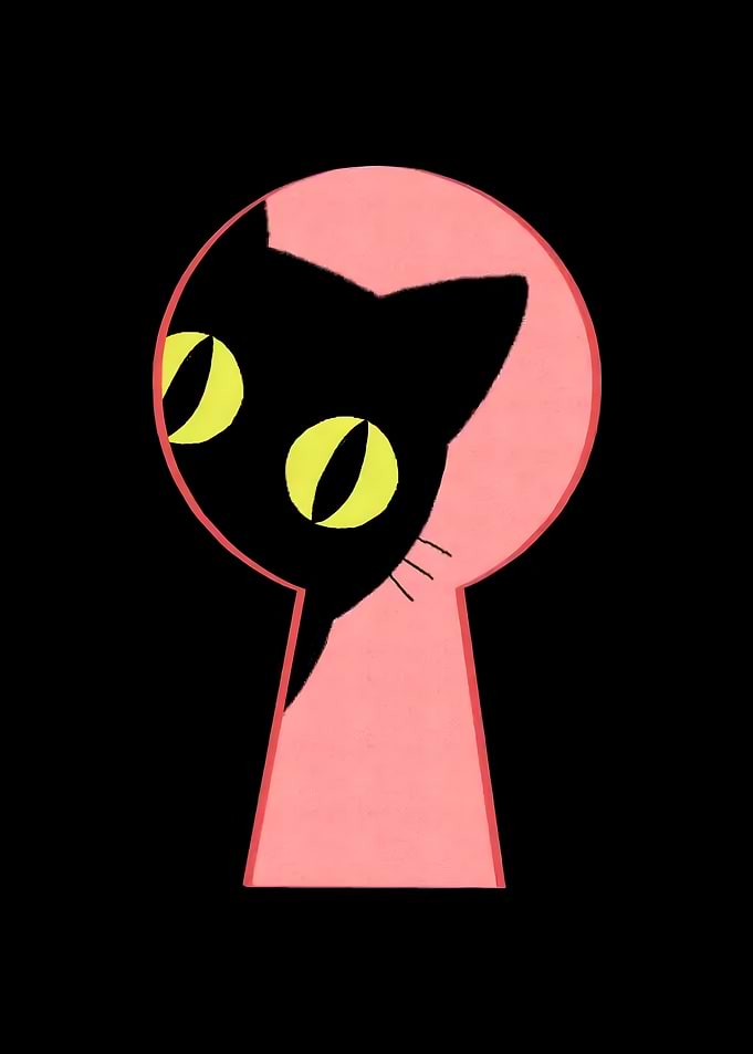 Black Cat Peeking Through Keyhole