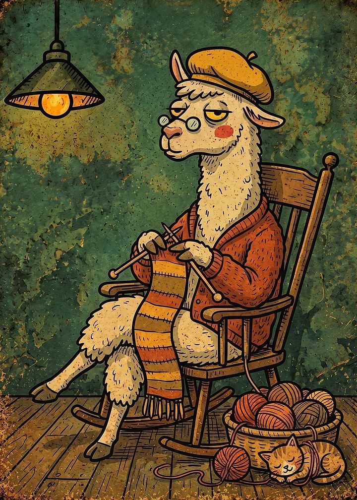 Cozy Knitting Llama Illustration