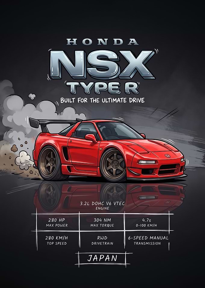 A stylized digital illustration caricature nsx r Car Poster