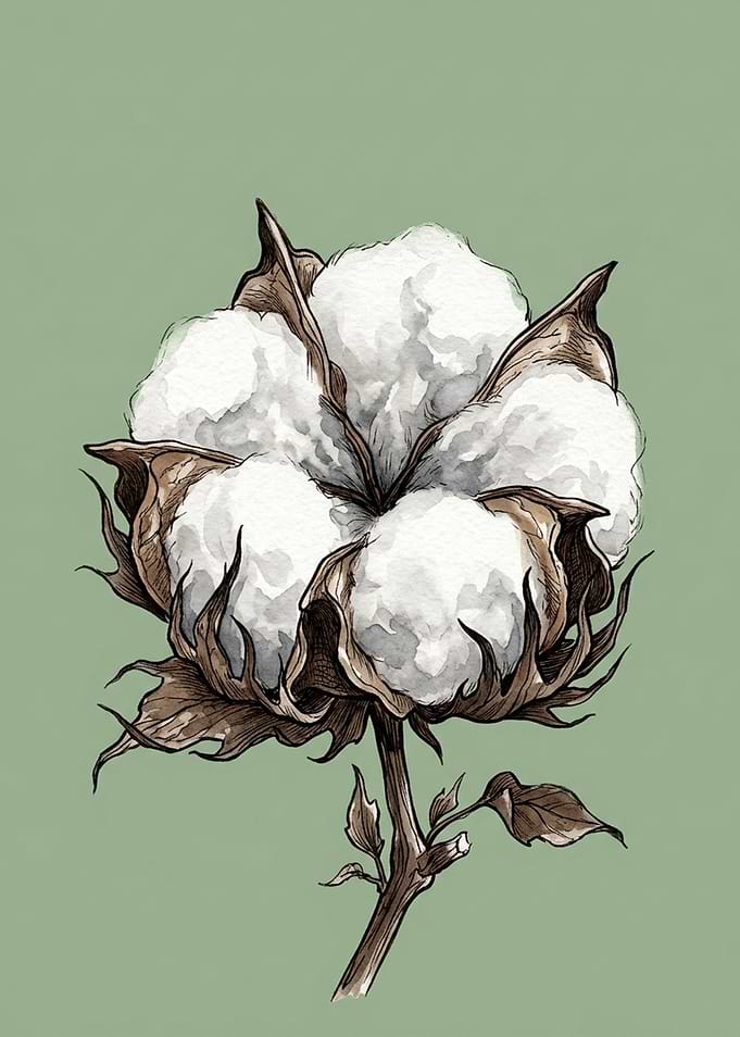 Botanical Illustration of Cotton Boll