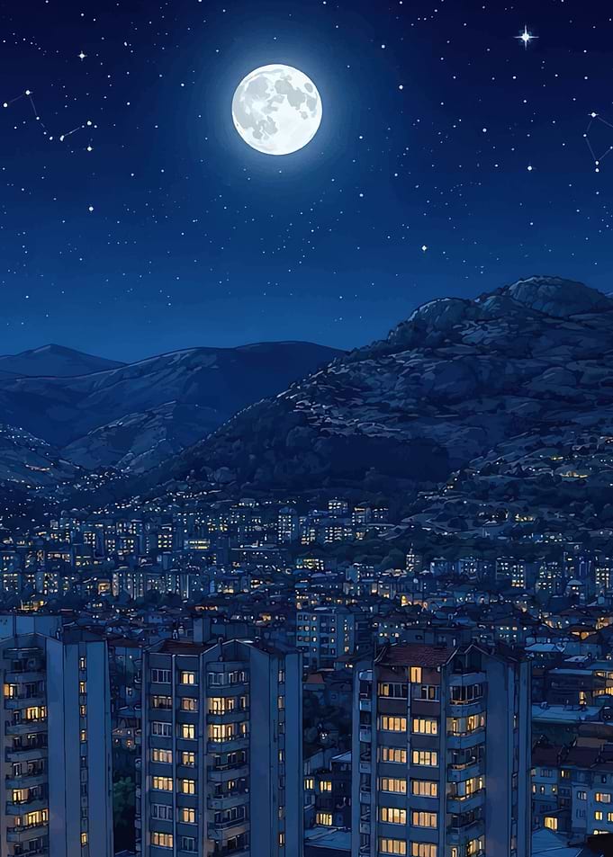 Full Moon Over Cityscape at Night