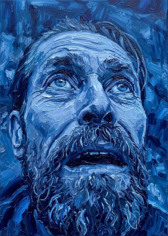 Blue Impasto Portrait of Bearded Man