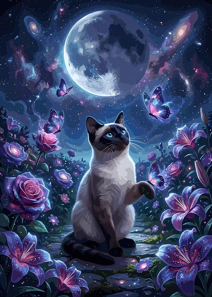 Siamese Cat in Magical Moonlit Garden