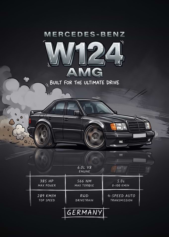 A stylized digital illustration caricature black W124 Poster