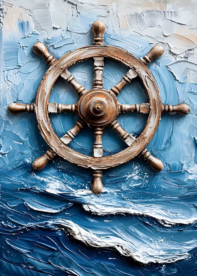 Oil Painting of Ship Steering Wheel