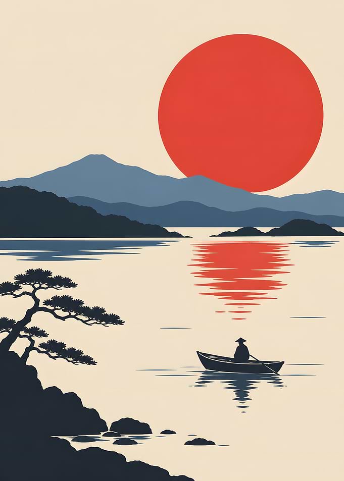 Lone Fisherman Boat Red Sun Lake Japanese Art