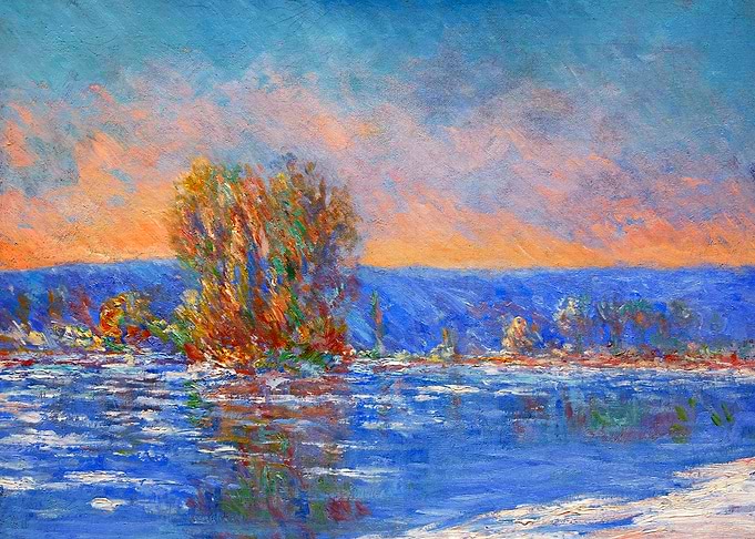 Ice and Snow Near Bennecourt by Claude Monet Winter Landscape Painting