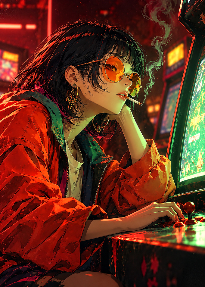 Cyberpunk Gamer Girl in Arcade