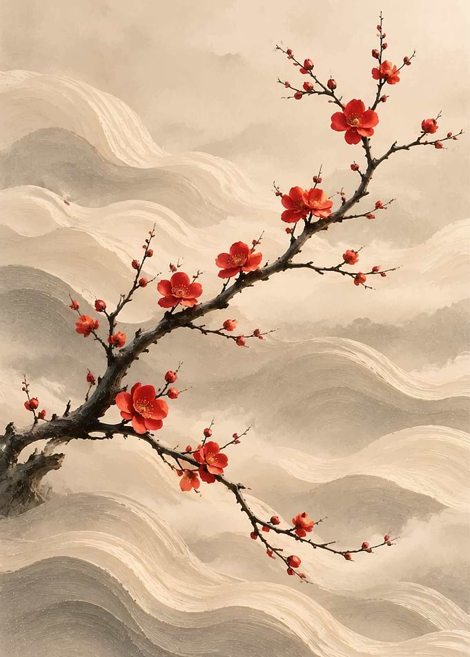 Red Plum Blossoms on Wavy Background