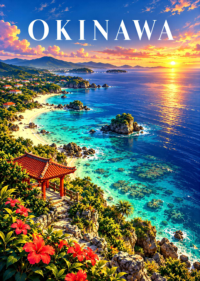 Okinawa Tropical Sunset Travel Poster