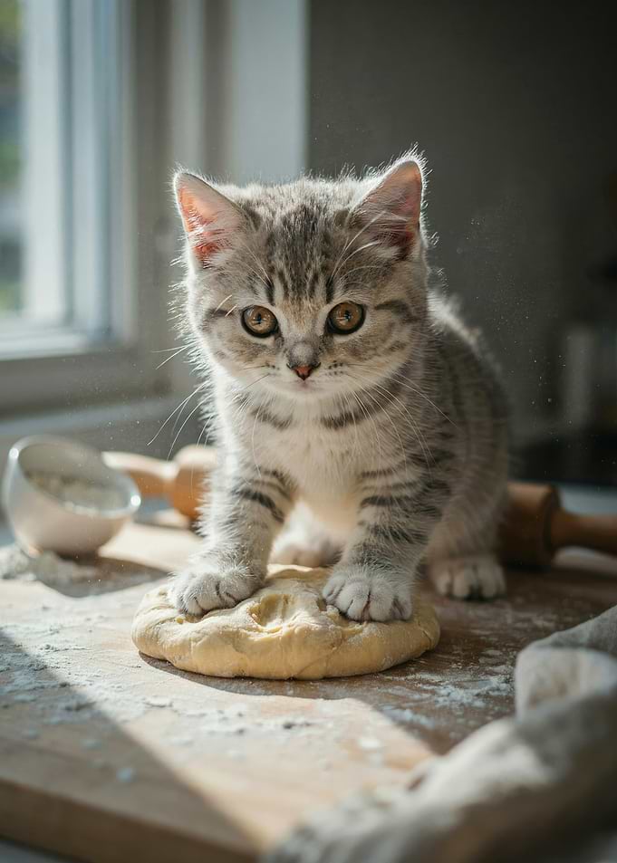 Cute kitten kneading dough in kitchen