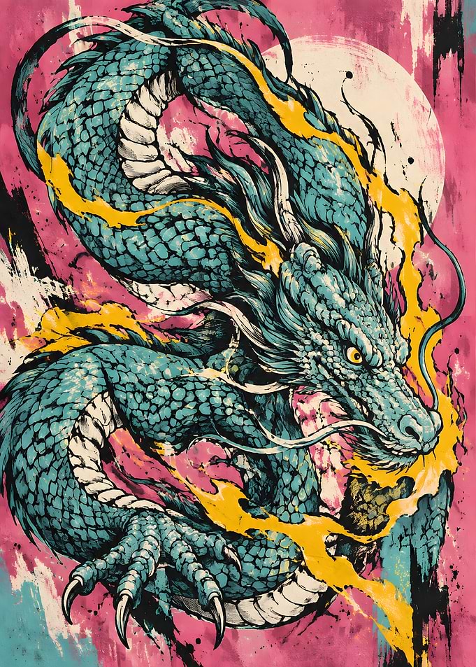 Stylized Teal Dragon with Yellow Flames