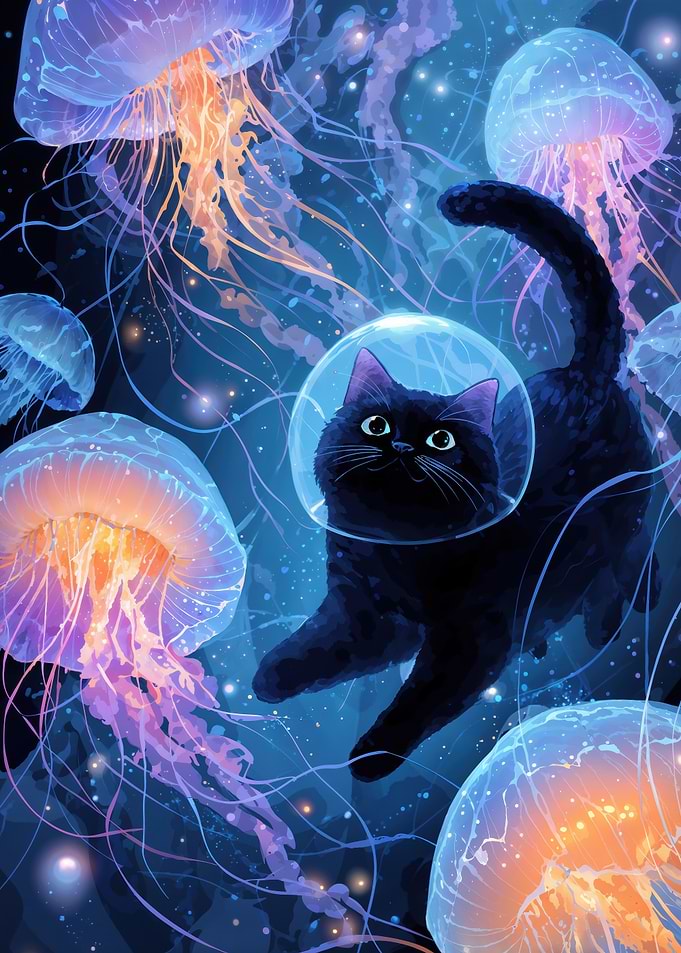 Black Cat Scuba Diving With Glowing Jellyfish