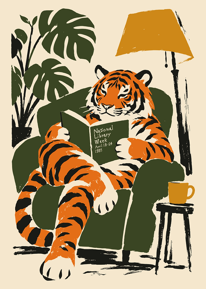 Tiger Reading Book Vintage Poster