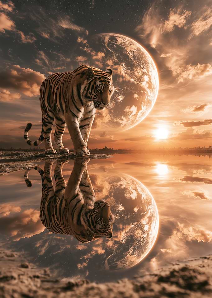 Tiger Reflecting Under Giant Moon