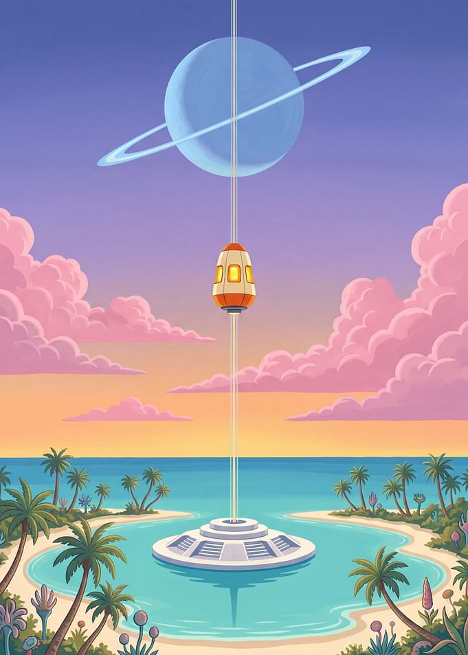 Retro Space Elevator Above Tropical Atoll