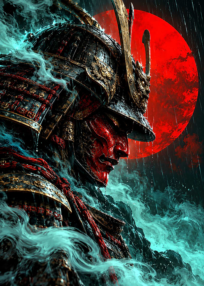 Red Mask Samurai in Rain