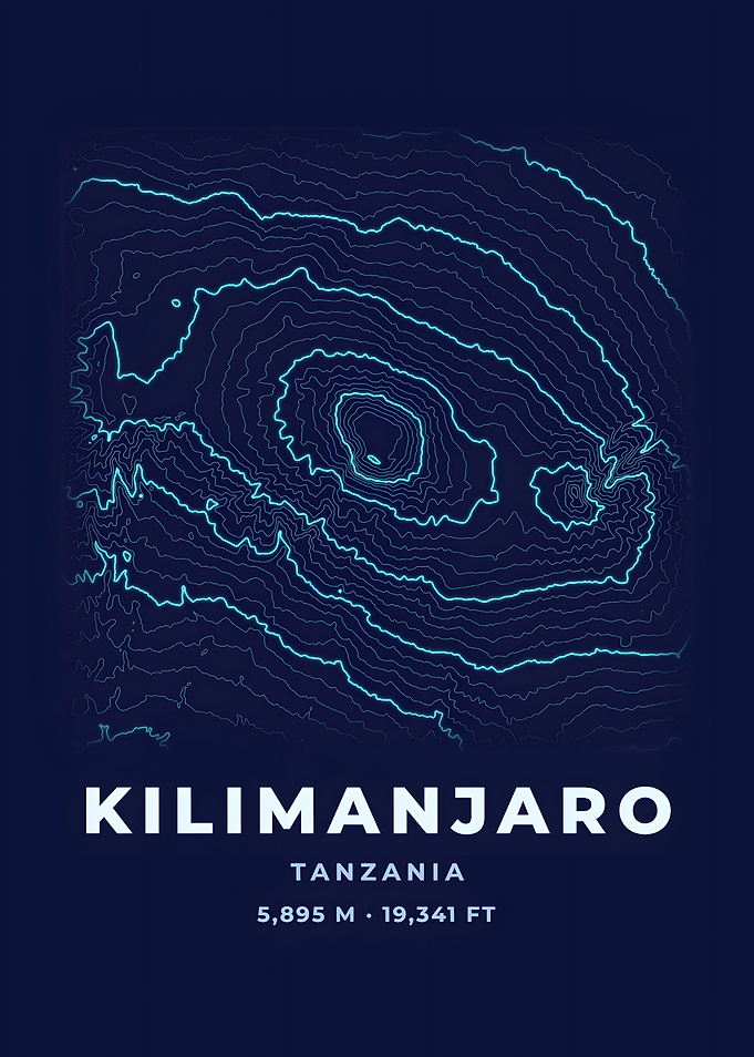 Kilimanjaro Topographic Map Neon Blue Poster
