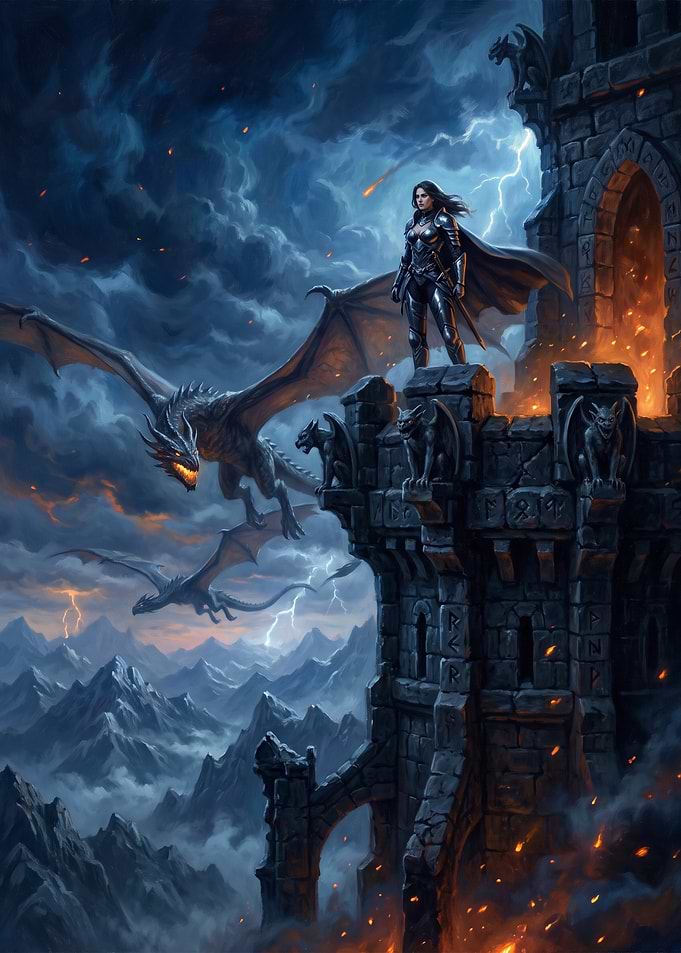 Warrior Queen and Dragons at Castle