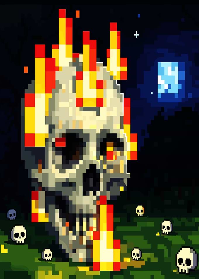 Pixel Art Flaming Skull