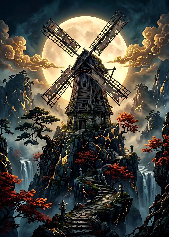 Mystical Windmill on Mountain Peak