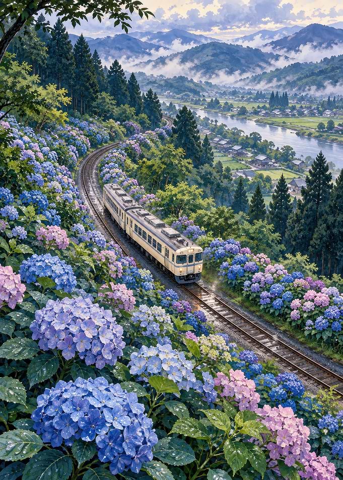 Train Traveling Through Hydrangea Fields