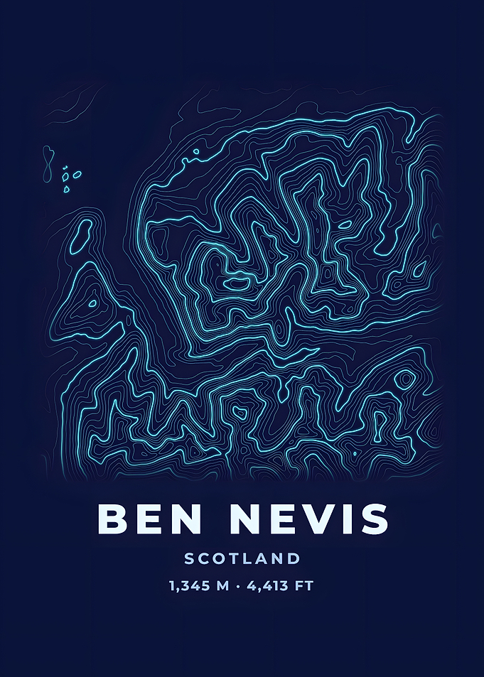 Ben Nevis Topographic Map Neon Blue Poster