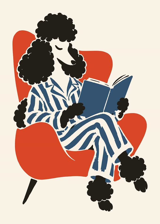 Poodle Reading in Red Chair