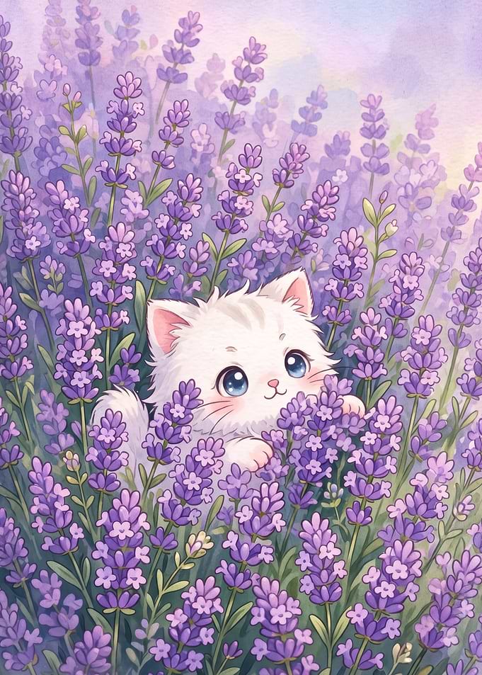 Cute White Kitten in Lavender Field