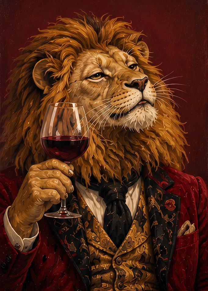 Sophisticated Lion Drinking Red Wine