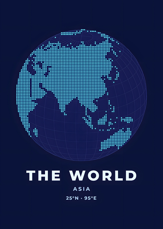 Dotted Asia Globe Neon Blue World Map Poster