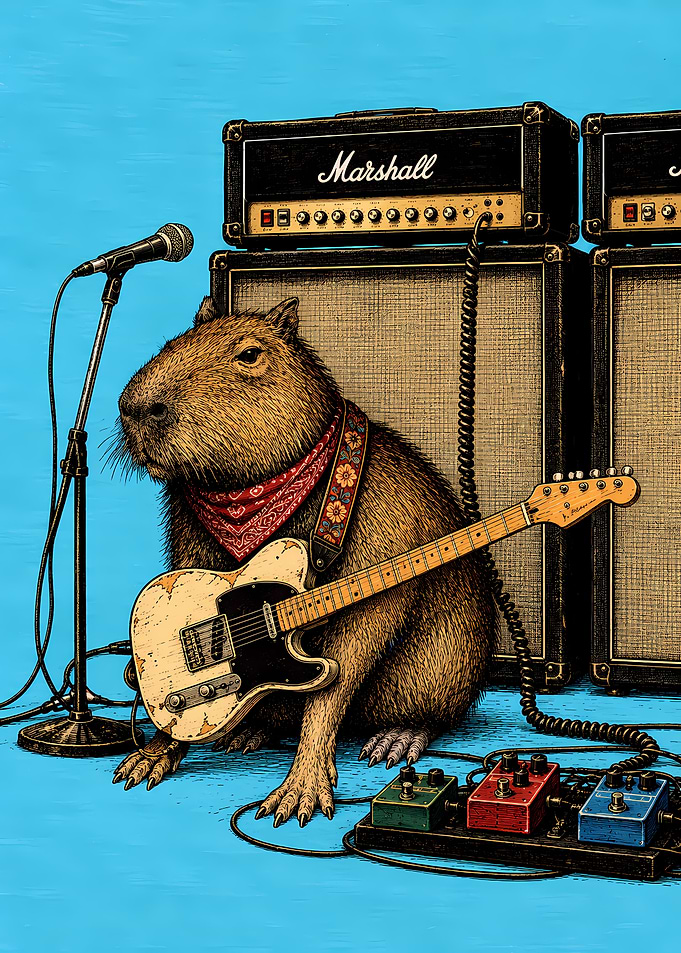 Rockstar Capybara with Electric Guitar
