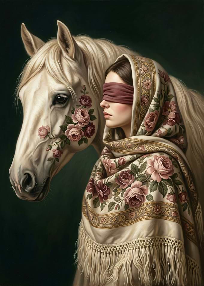 Woman with Blindfold and White Horse