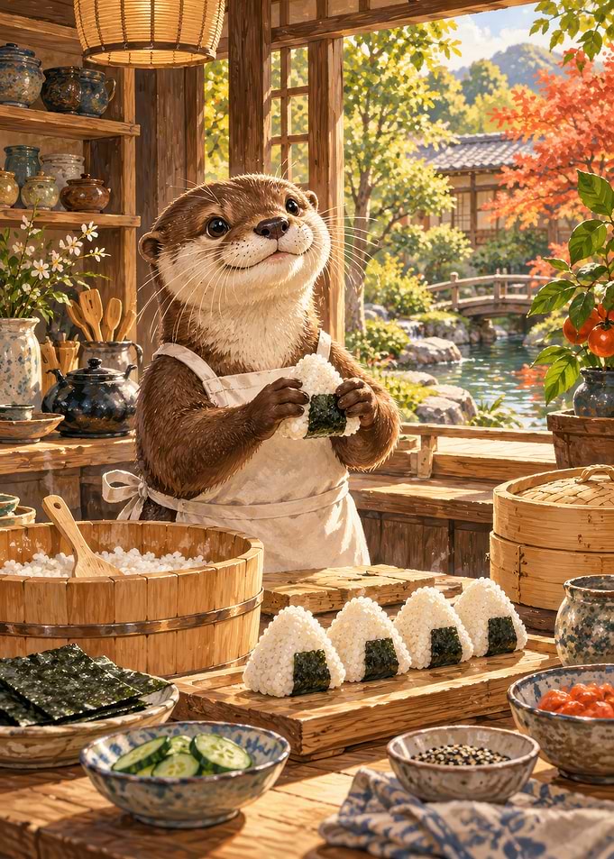 Cute Otter Making Onigiri Rice Balls