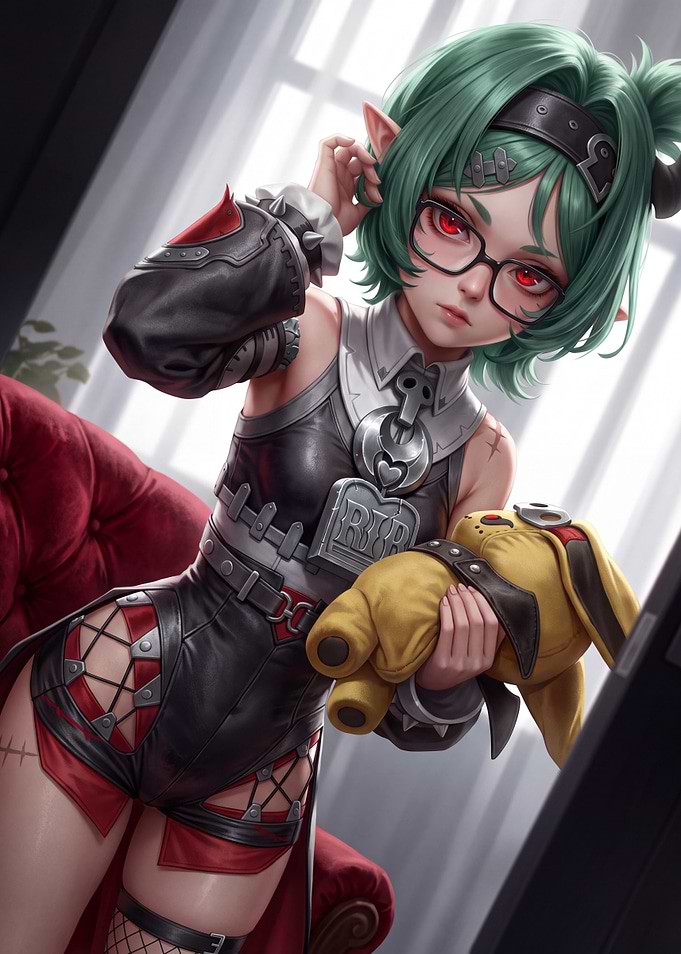 Gothic Anime Girl with Plushie