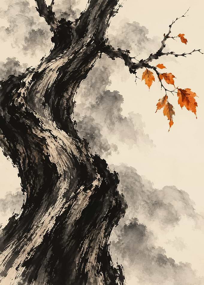 Ink Wash Painting of Autumn Tree