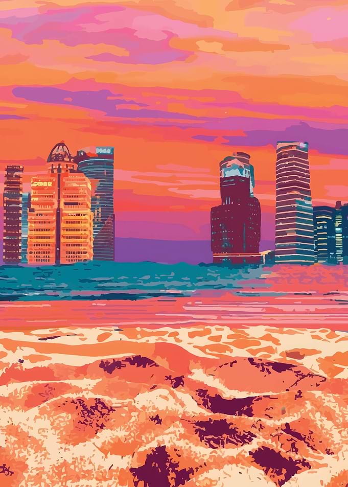 Sunset Cityscape Over Beach