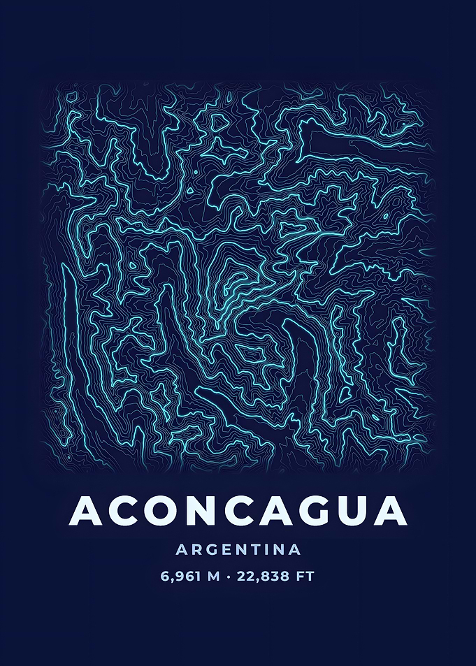 Aconcagua Topographic Map Neon Blue Poster