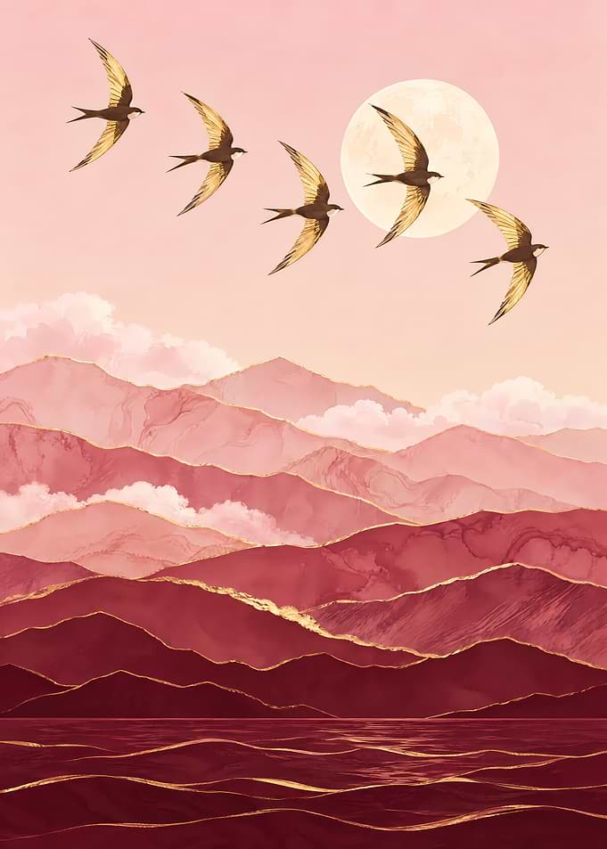 Golden Swallows Over Burgundy Mountains