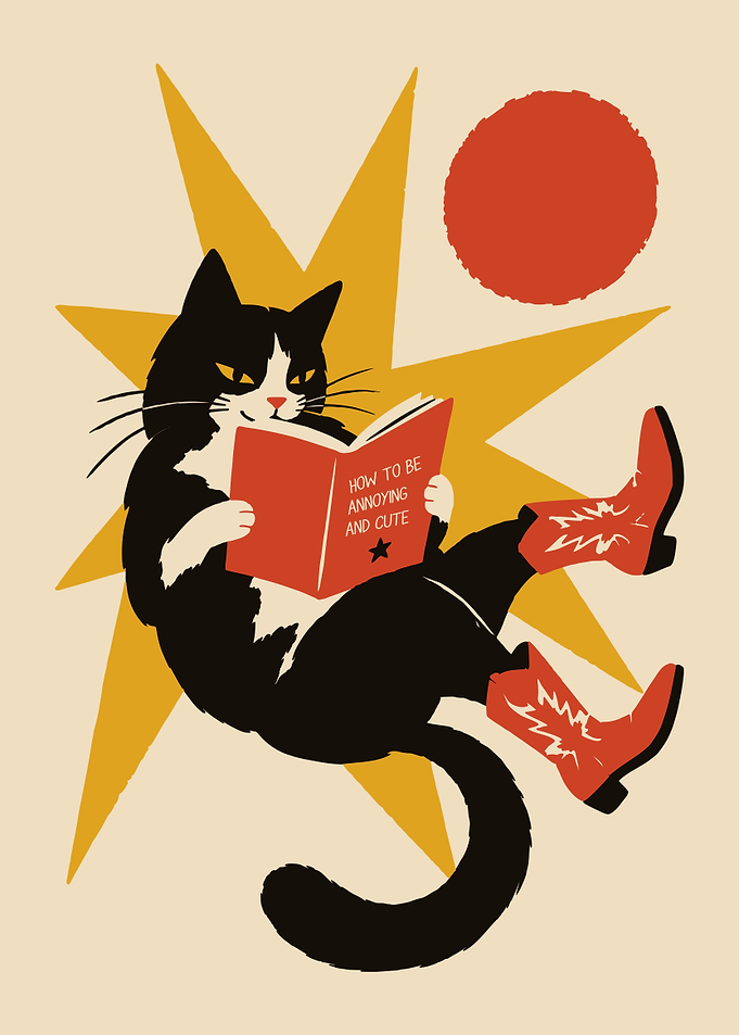 Cat Reading Book in Cowboy Boots