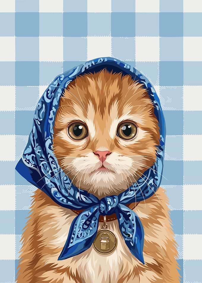 Cute Ginger Cat in Blue Headscarf