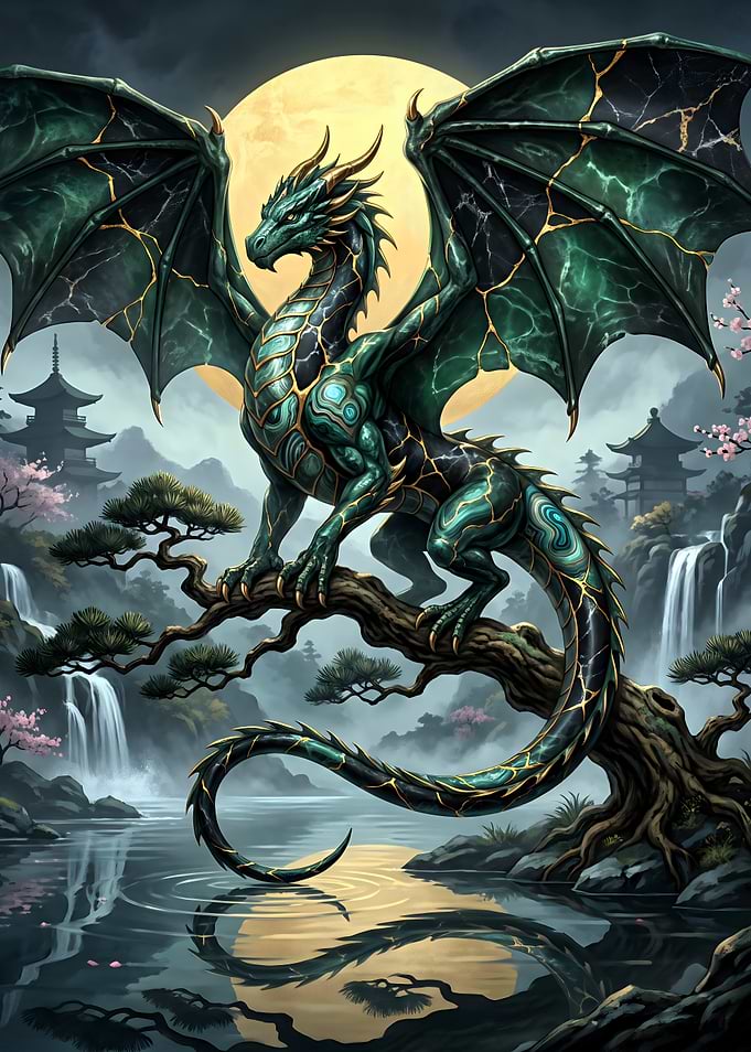 Jade Dragon in Japanese Landscape