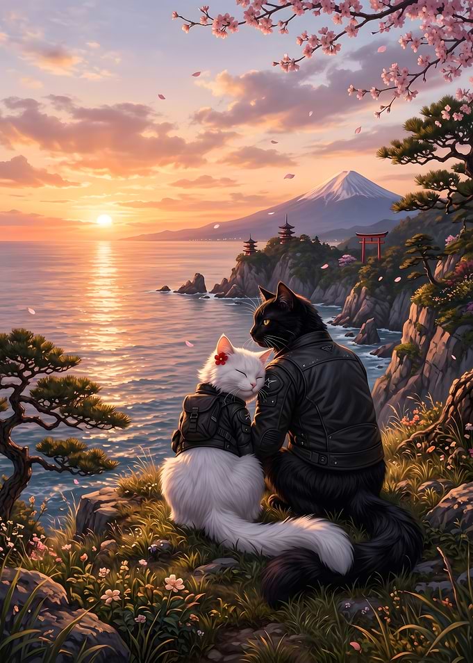 Cats in Leather Jackets at Sunset