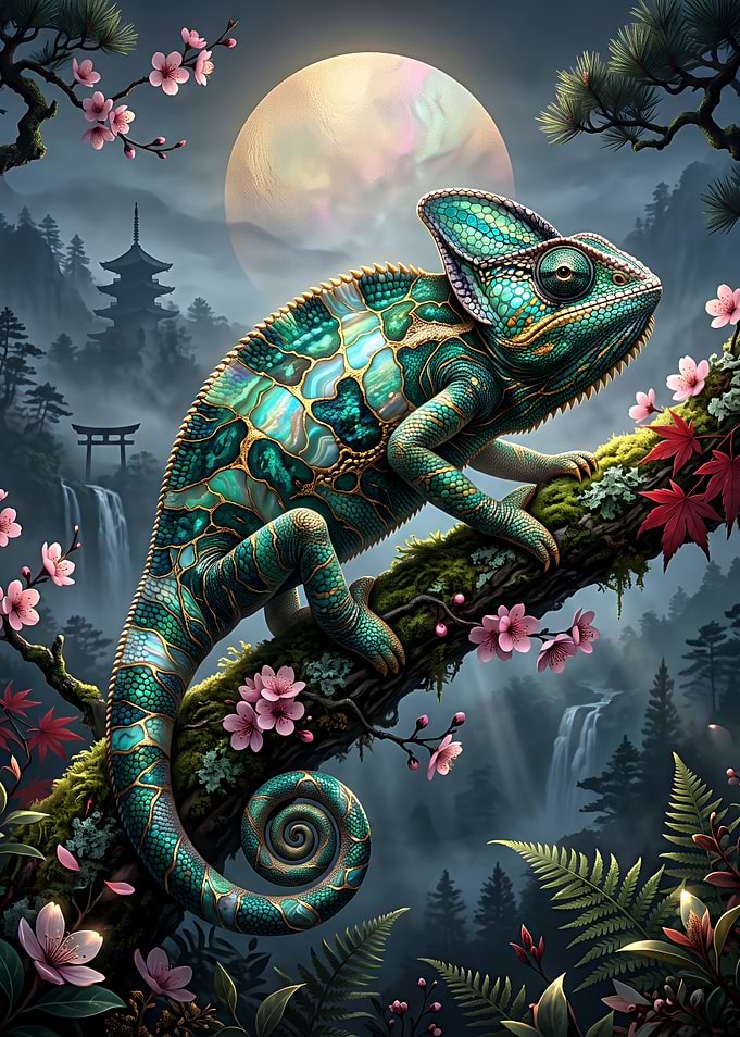 Majestic Chameleon in Japanese Landscape