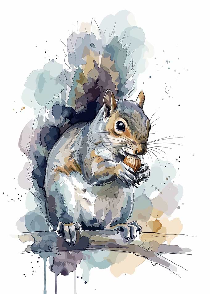 Watercolor Squirrel Eating a Nut